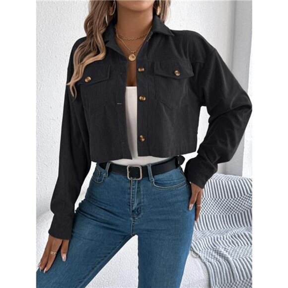 Corduroy Button-Up Dropped Shoulder Jacket - Picture 5 of 16